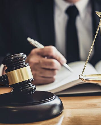 Gavel and scales of justice on a desk as an attorney signs legal documents